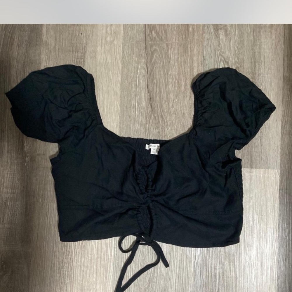 American Eagle Outfitters Black Puff Sleeve Tie Front Blouse